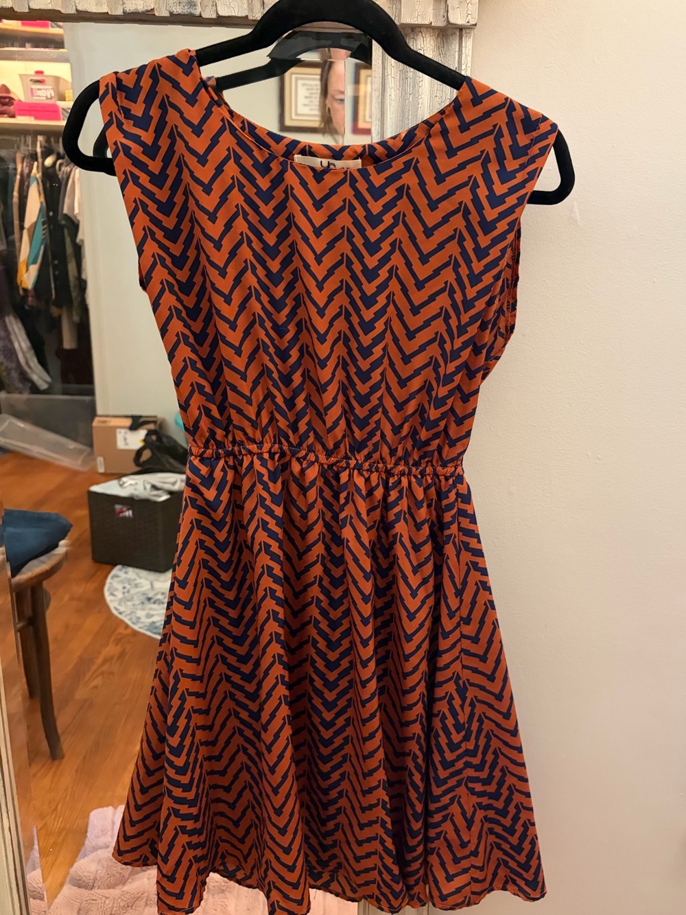 GBG Los Angeles Orange & Navy Chevron Sleeveless Fit-and-Flare Dress